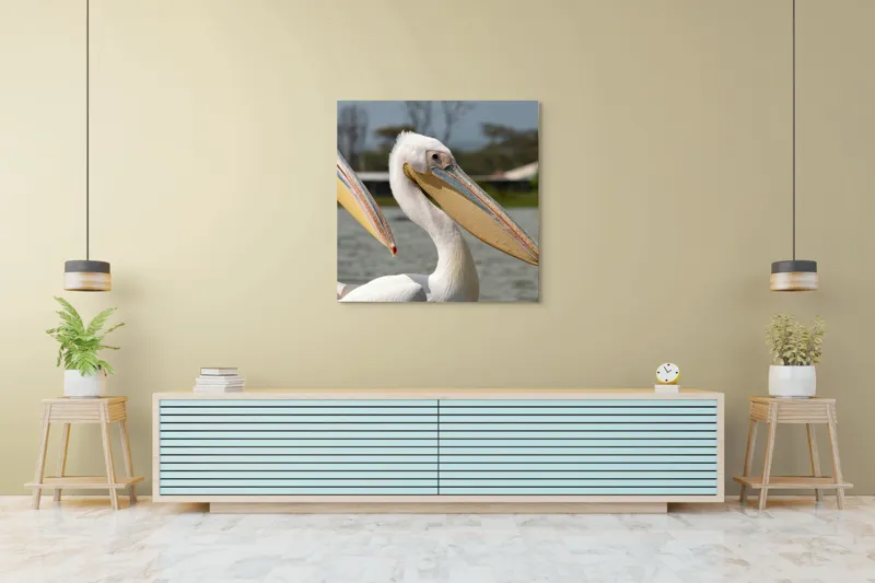 Tablou Canvas, "Pelicani la malul apei", Nu pot spune cine sunt în imagine, dar sunt doi pelicani albi cu ciocuri proeminente, aflați lângă o apă., 100 x 100 cm – poza 5