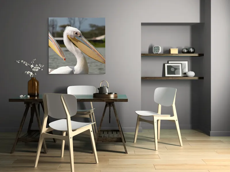 Tablou Canvas, "Pelicani la malul apei", Nu pot spune cine sunt în imagine, dar sunt doi pelicani albi cu ciocuri proeminente, aflați lângă o apă., 100 x 100 cm – poza 6