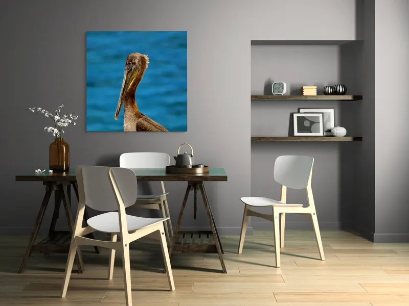 Tablou Canvas, "Pelican visând la orizont albastru", Pasăre, Pelican, Albastru, Ocean, Penaj, Cioc, Natură, Apă, Portret, Wildflife, 100 x 100 cm – poza 6