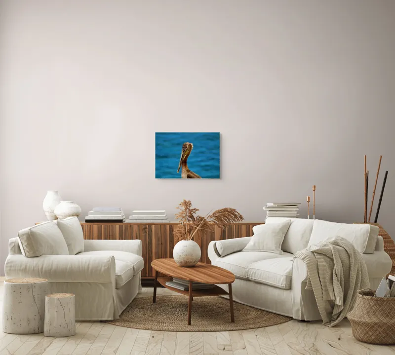 Tablou Canvas, "Pelican visând la orizont albastru", Pasăre, Pelican, Albastru, Ocean, Penaj, Cioc, Natură, Apă, Portret, Wildflife, 54 x 39 cm – poza 5