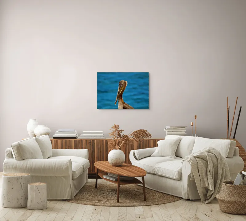 Tablou Canvas, "Pelican visând la orizont albastru", Pasăre, Pelican, Albastru, Ocean, Penaj, Cioc, Natură, Apă, Portret, Wildflife, 70 x 50 cm – poza 6