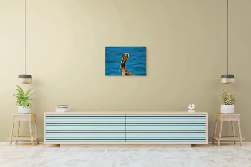 Tablou Canvas, "Pelican visând la orizont albastru", Pasăre, Pelican, Albastru, Ocean, Penaj, Cioc, Natură, Apă, Portret, Wildflife, 70 x 50 cm – poza 7