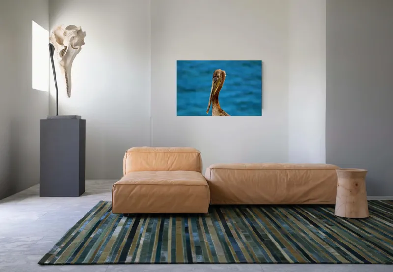 Tablou Canvas, "Pelican visând la orizont albastru", Pasăre, Pelican, Albastru, Ocean, Penaj, Cioc, Natură, Apă, Portret, Wildflife, 90 x 50 cm – poza 8
