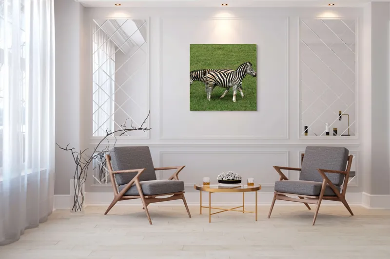 Tablou Canvas, "Zebre pășunând pe câmpie verde", Zebre, Iarbă, Dungi, Plimbare, Natură, Safari, Africa, Animale, Strălucire, Verde, Libertate, 100 x 100 cm – poza 7
