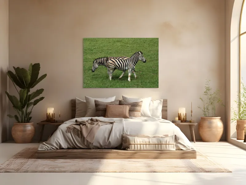 Tablou Canvas, "Zebre pășunând pe câmpie verde", Zebre, Iarbă, Dungi, Plimbare, Natură, Safari, Africa, Animale, Strălucire, Verde, Libertate, 150 x 100 cm – poza 4