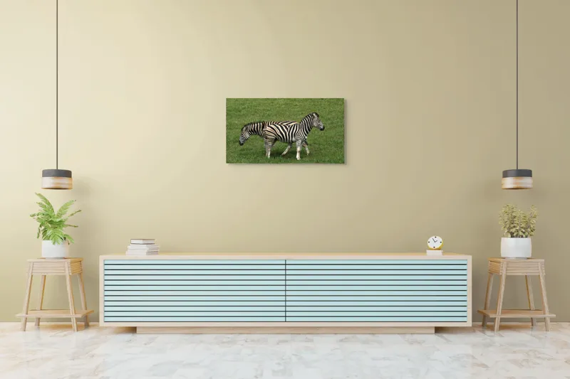 Tablou Canvas, "Zebre pășunând pe câmpie verde", Zebre, Iarbă, Dungi, Plimbare, Natură, Safari, Africa, Animale, Strălucire, Verde, Libertate, 90 x 50 cm – poza 5