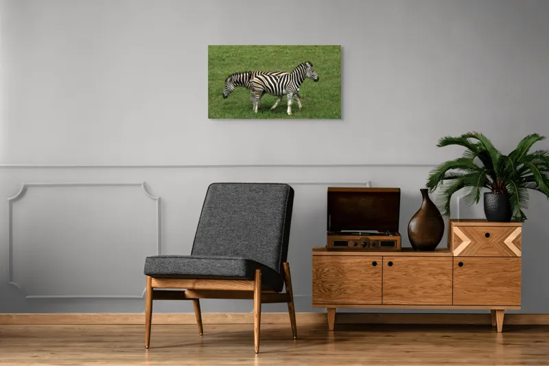 Tablou Canvas, "Zebre pășunând pe câmpie verde", Zebre, Iarbă, Dungi, Plimbare, Natură, Safari, Africa, Animale, Strălucire, Verde, Libertate, 90 x 50 cm – poza 6