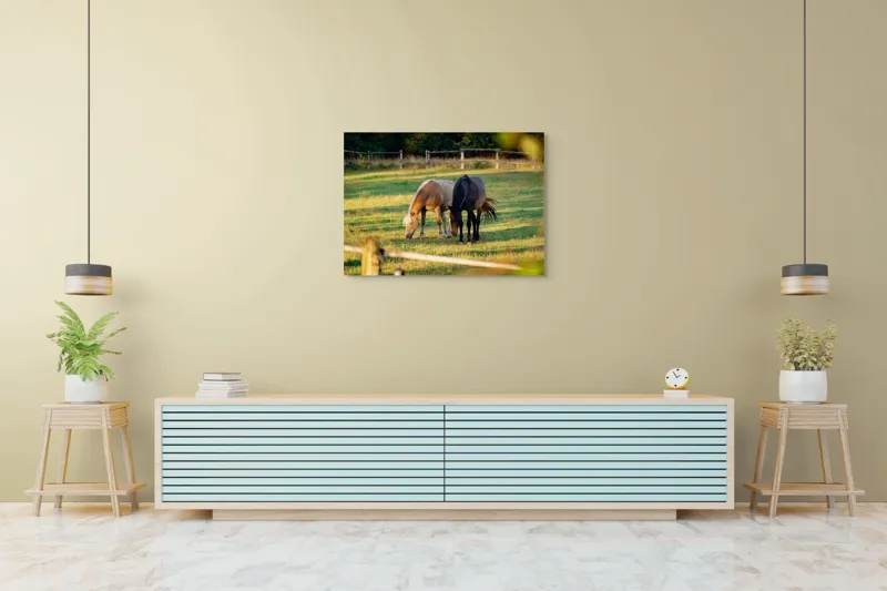 Tablou Canvas, "Doi cai păscând relaxați împreună", Cal, Pășune, Verdeață, Gard, Lumină, Blană, Împreună, Natură, 100 x 70 cm – poza 4