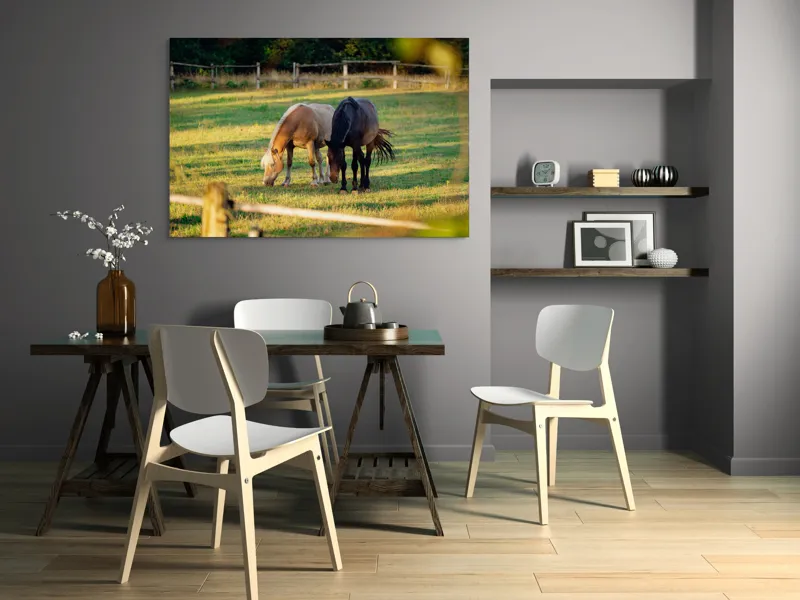 Tablou Canvas, "Doi cai păscând relaxați împreună", Cal, Pășune, Verdeață, Gard, Lumină, Blană, Împreună, Natură, 150 x 100 cm – poza 5
