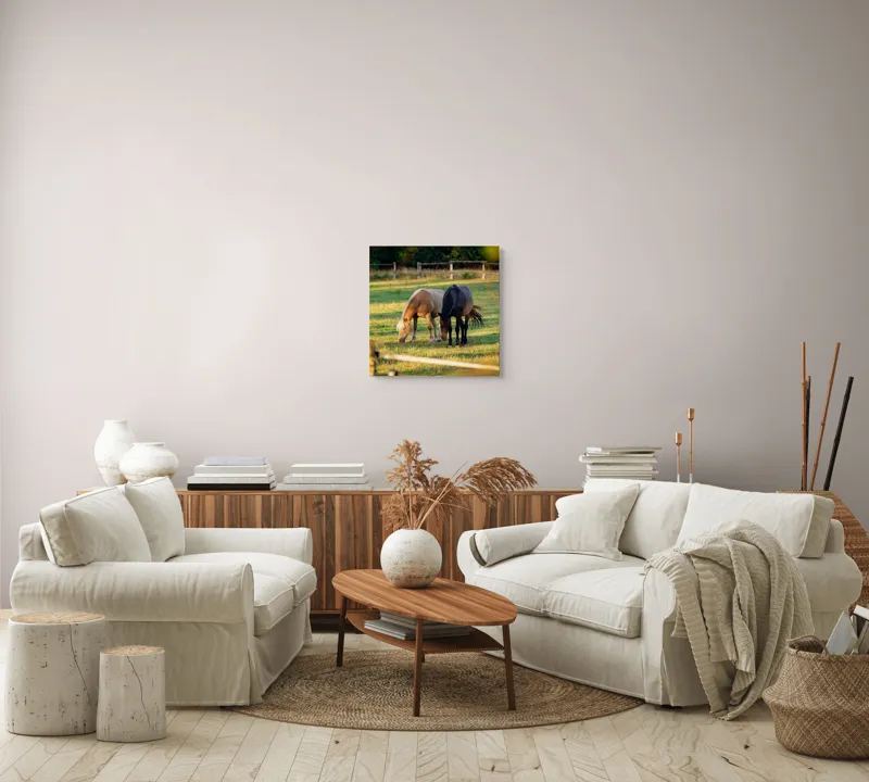 Tablou Canvas, "Doi cai păscând relaxați împreună", Cal, Pășune, Verdeață, Gard, Lumină, Blană, Împreună, Natură, 50 x 50 cm – poza 7