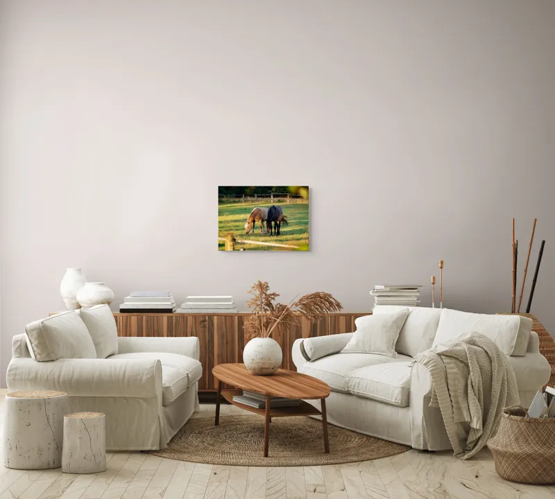 Tablou Canvas, "Doi cai păscând relaxați împreună", Cal, Pășune, Verdeață, Gard, Lumină, Blană, Împreună, Natură, 54 x 39 cm – poza 5