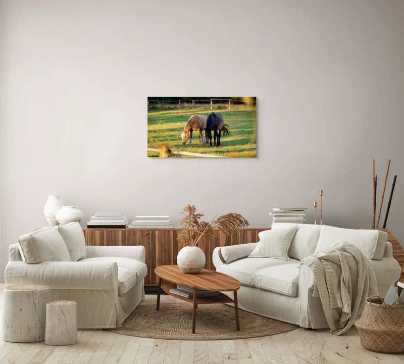 Tablou Canvas, "Doi cai păscând relaxați împreună", Cal, Pășune, Verdeață, Gard, Lumină, Blană, Împreună, Natură, 90 x 50 cm – poza 4