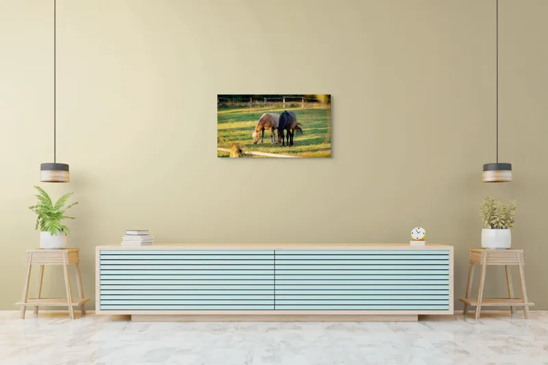 Tablou Canvas, "Doi cai păscând relaxați împreună", Cal, Pășune, Verdeață, Gard, Lumină, Blană, Împreună, Natură, 90 x 50 cm – poza 5