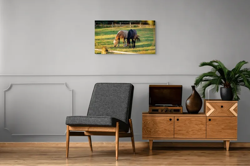 Tablou Canvas, "Doi cai păscând relaxați împreună", Cal, Pășune, Verdeață, Gard, Lumină, Blană, Împreună, Natură, 90 x 50 cm – poza 6