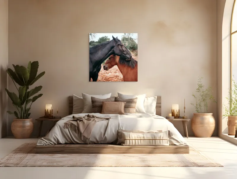 Tablou Canvas, "Îmbrățișarea cailor sub cer senin", Cai, Afectiune, Camp, Natura, Liniste, Peisaj, Culori, Calmitate, 100 x 100 cm – poza 4