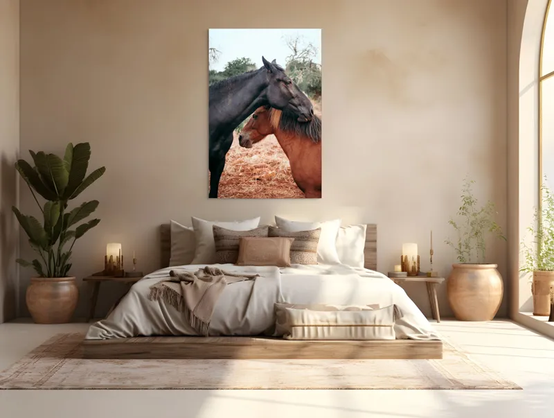 Tablou Canvas, "Îmbrățișarea cailor sub cer senin", Cai, Afectiune, Camp, Natura, Liniste, Peisaj, Culori, Calmitate, 100 x 150 cm – poza 3