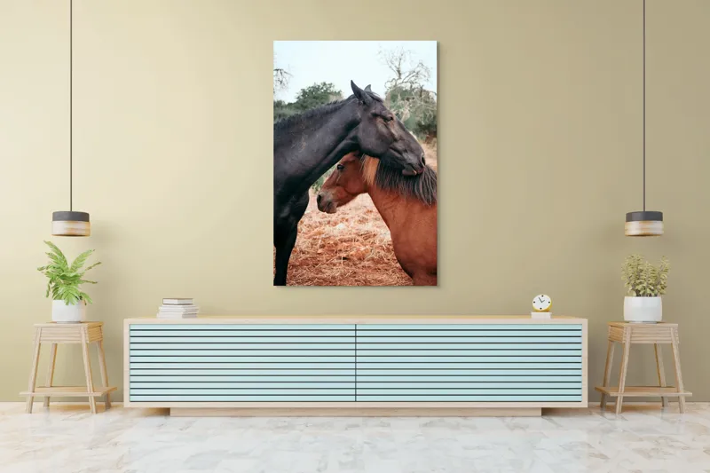 Tablou Canvas, "Îmbrățișarea cailor sub cer senin", Cai, Afectiune, Camp, Natura, Liniste, Peisaj, Culori, Calmitate, 100 x 150 cm – poza 4