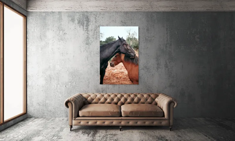 Tablou Canvas, "Îmbrățișarea cailor sub cer senin", Cai, Afectiune, Camp, Natura, Liniste, Peisaj, Culori, Calmitate, 100 x 150 cm – poza 6