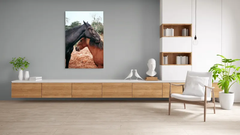 Tablou Canvas, "Îmbrățișarea cailor sub cer senin", Cai, Afectiune, Camp, Natura, Liniste, Peisaj, Culori, Calmitate, 100 x 150 cm – poza 8