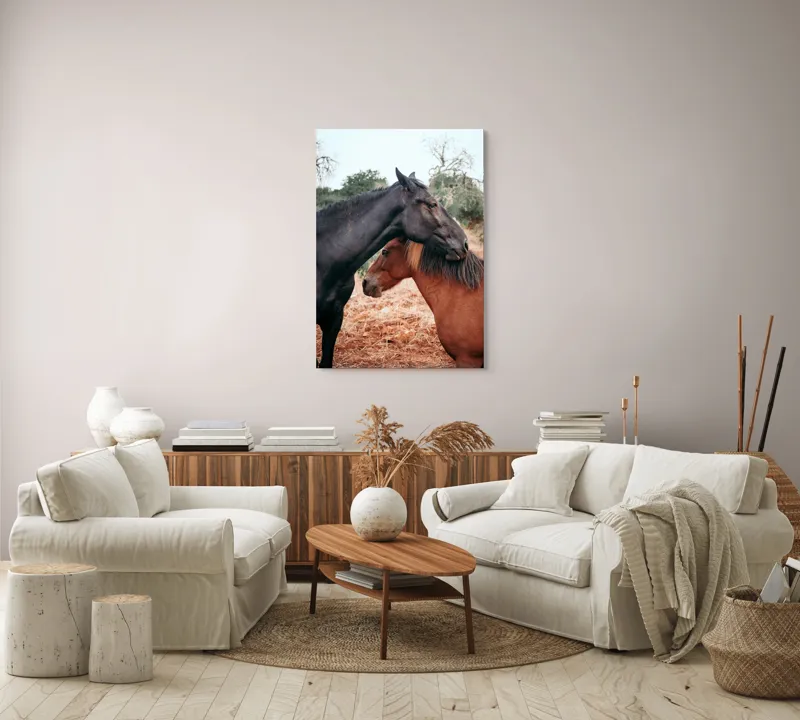 Tablou Canvas, "Îmbrățișarea cailor sub cer senin", Cai, Afectiune, Camp, Natura, Liniste, Peisaj, Culori, Calmitate, 70 x 100 cm – poza 4