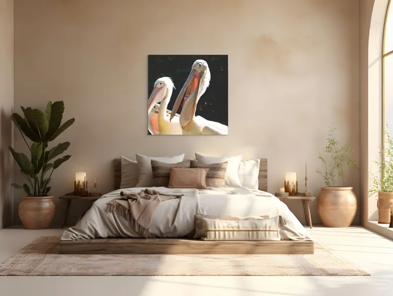 Tablou Canvas, "Pelicani la soare în grup prietenos", Pelicani, Penaj, Ciocuri, Natura, Verdeață, Lumină, Grup, Serenitate, 100 x 100 cm – poza 4