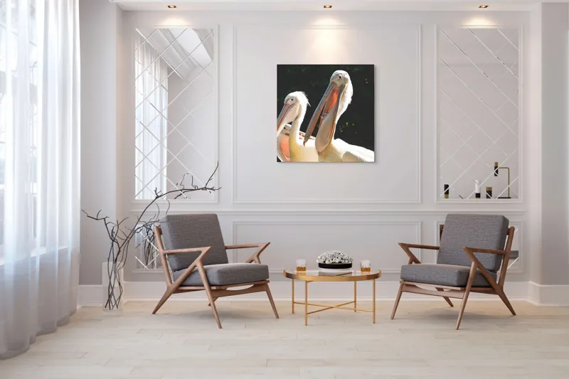 Tablou Canvas, "Pelicani la soare în grup prietenos", Pelicani, Penaj, Ciocuri, Natura, Verdeață, Lumină, Grup, Serenitate, 100 x 100 cm – poza 7