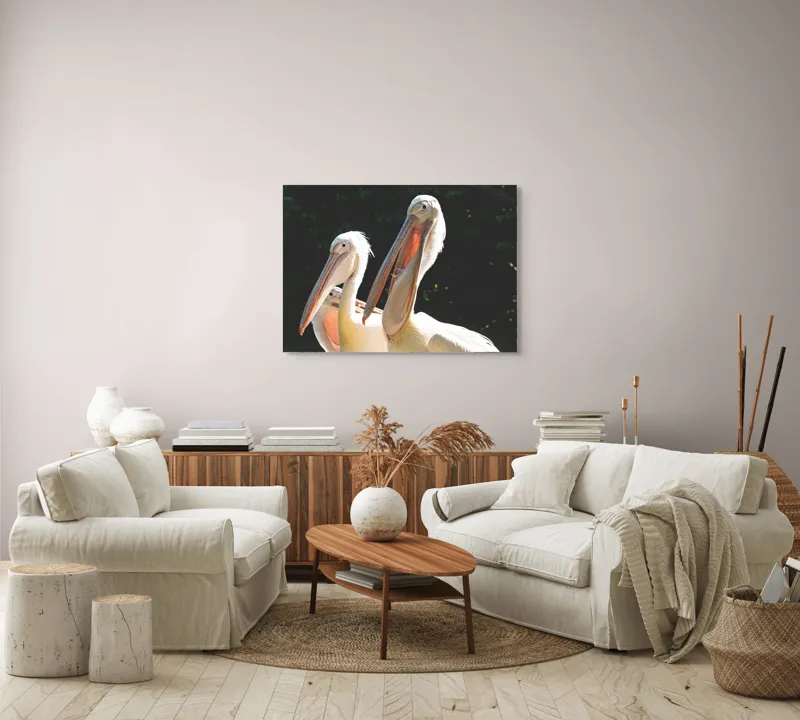 Tablou Canvas, "Pelicani la soare în grup prietenos", Pelicani, Penaj, Ciocuri, Natura, Verdeață, Lumină, Grup, Serenitate, 100 x 70 cm – poza 3