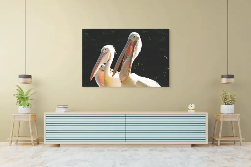 Tablou Canvas, "Pelicani la soare în grup prietenos", Pelicani, Penaj, Ciocuri, Natura, Verdeață, Lumină, Grup, Serenitate, 150 x 100 cm – poza 6