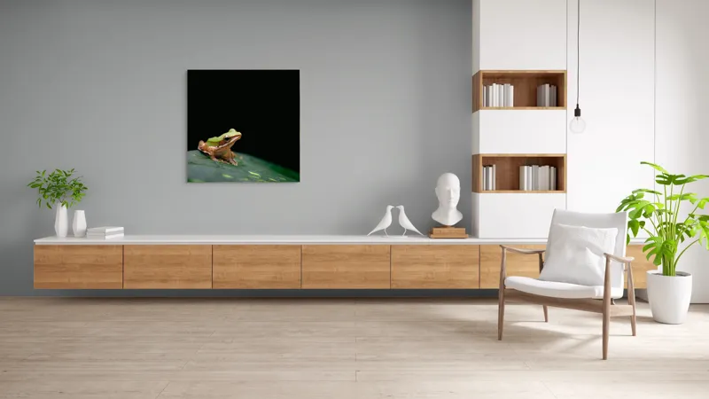Tablou Canvas, "Broasca pe frunza verde întunecată", Broască, Frunză, Verde, Noapte, Solitudine, Observație, Natură, 100 x 100 cm – poza 8