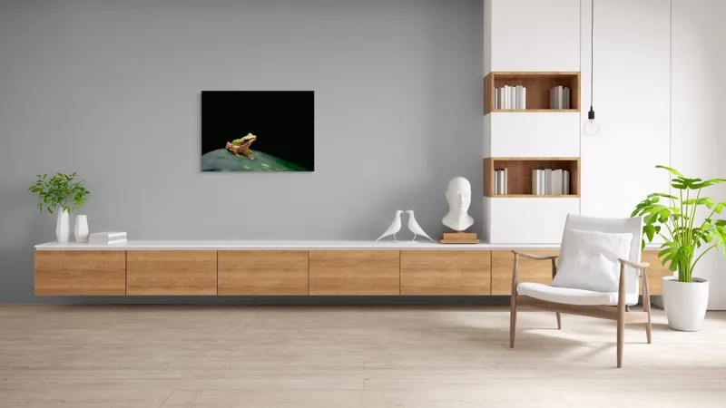 Tablou Canvas, "Broasca pe frunza verde întunecată", Broască, Frunză, Verde, Noapte, Solitudine, Observație, Natură, 100 x 70 cm – poza 6