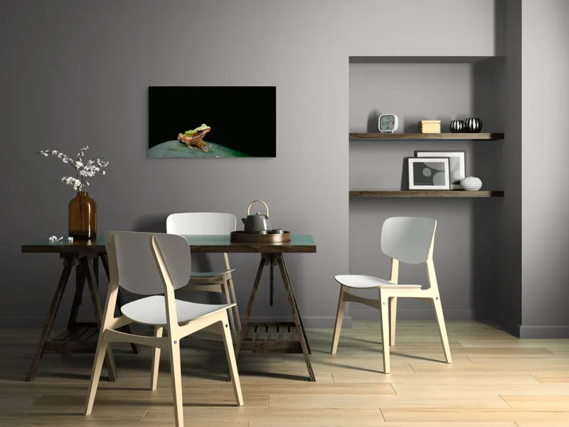Tablou Canvas, "Broasca pe frunza verde întunecată", Broască, Frunză, Verde, Noapte, Solitudine, Observație, Natură, 90 x 50 cm – poza 3