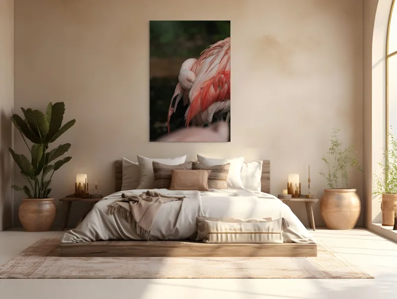Tablou Canvas, "Flamingo adormit în culori delicate", Roz, Penaj, Flamingo, Delicat, Serenitate, Odihnă, Natură, Eleganță., 100 x 150 cm – poza 3
