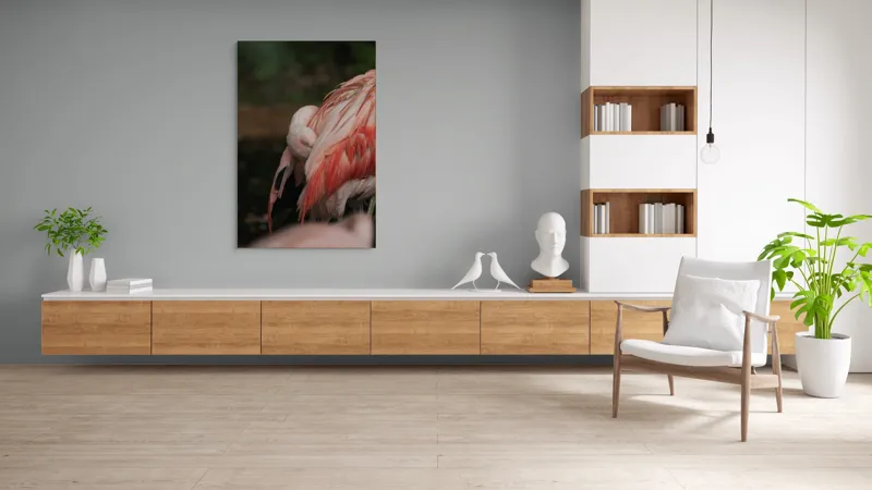 Tablou Canvas, "Flamingo adormit în culori delicate", Roz, Penaj, Flamingo, Delicat, Serenitate, Odihnă, Natură, Eleganță., 100 x 150 cm – poza 8