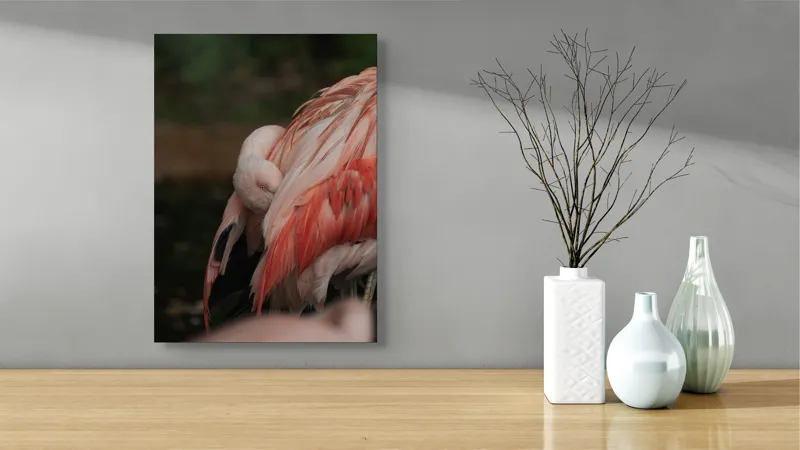 Tablou Canvas, "Flamingo adormit în culori delicate", Roz, Penaj, Flamingo, Delicat, Serenitate, Odihnă, Natură, Eleganță., 39 x 54 cm – poza 4