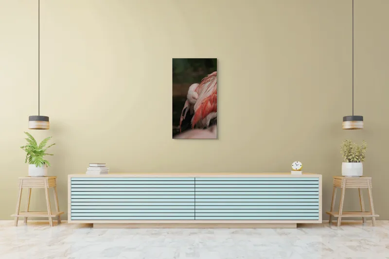 Tablou Canvas, "Flamingo adormit în culori delicate", Roz, Penaj, Flamingo, Delicat, Serenitate, Odihnă, Natură, Eleganță., 50 x 90 cm – poza 6