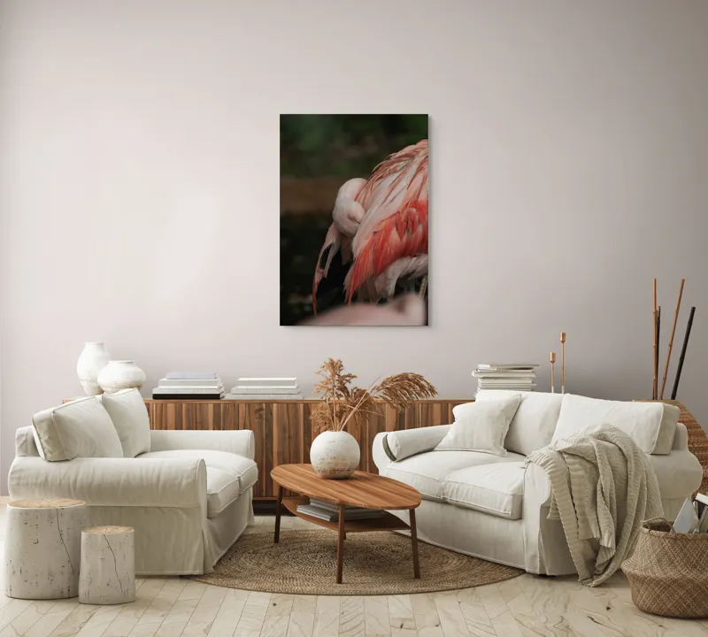 Tablou Canvas, "Flamingo adormit în culori delicate", Roz, Penaj, Flamingo, Delicat, Serenitate, Odihnă, Natură, Eleganță., 70 x 100 cm – poza 4
