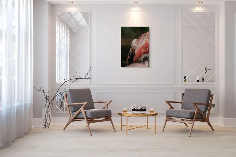 Tablou Canvas, "Flamingo adormit în culori delicate", Roz, Penaj, Flamingo, Delicat, Serenitate, Odihnă, Natură, Eleganță., 70 x 100 cm – poza 8