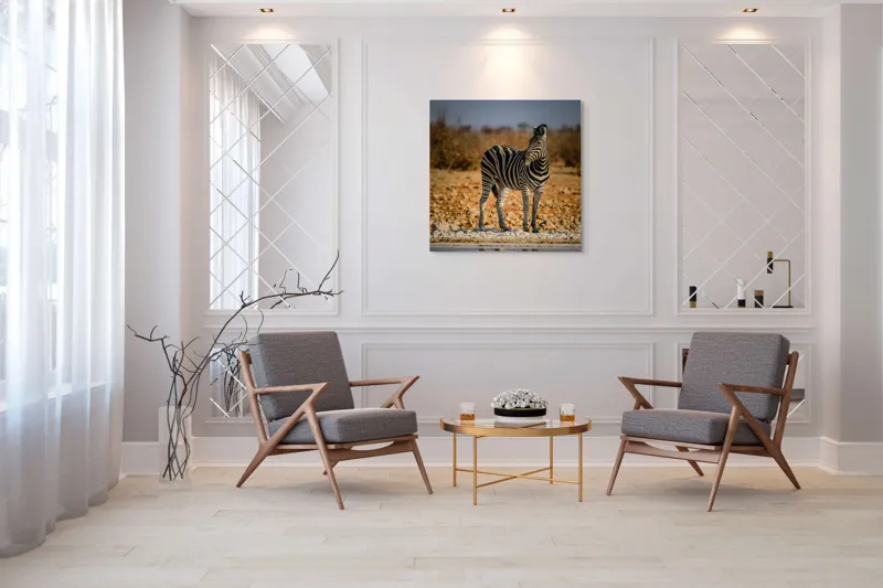 Tablou Canvas, "Zebra singuratică în savană africană", Zebră, Dungată, Savana, Apus, Solitară, Peisaj, Reflecție, Calmă., 100 x 100 cm – poza 7