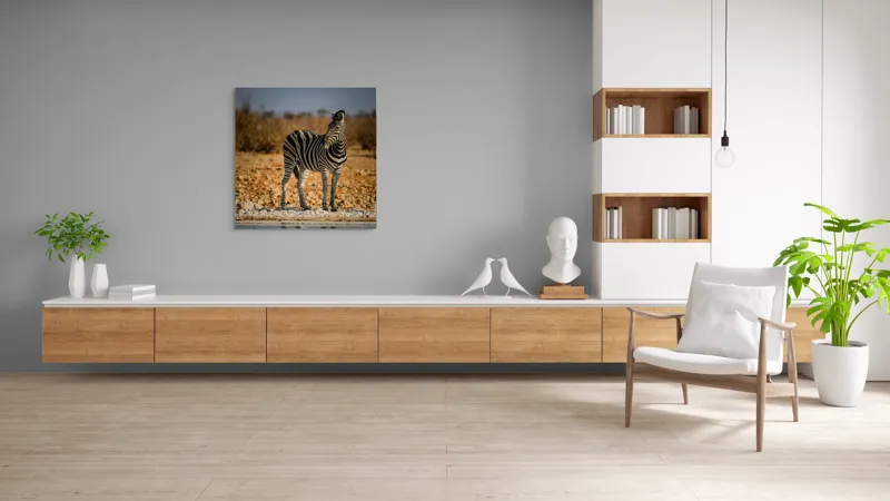 Tablou Canvas, "Zebra singuratică în savană africană", Zebră, Dungată, Savana, Apus, Solitară, Peisaj, Reflecție, Calmă., 100 x 100 cm – poza 8
