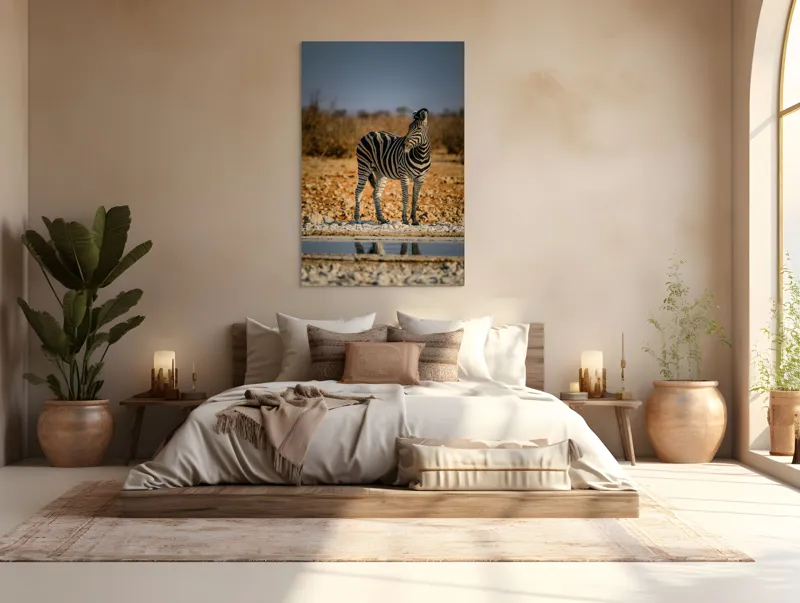 Tablou Canvas, "Zebra singuratică în savană africană", Zebră, Dungată, Savana, Apus, Solitară, Peisaj, Reflecție, Calmă., 100 x 150 cm – poza 3