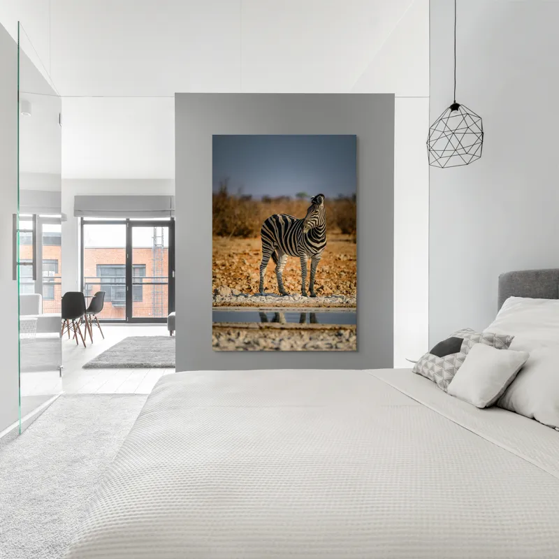 Tablou Canvas, "Zebra singuratică în savană africană", Zebră, Dungată, Savana, Apus, Solitară, Peisaj, Reflecție, Calmă., 100 x 150 cm – poza 5