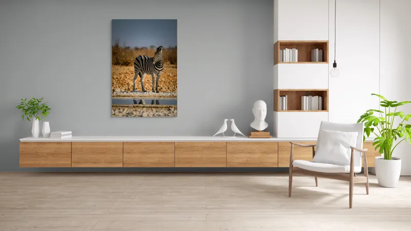 Tablou Canvas, "Zebra singuratică în savană africană", Zebră, Dungată, Savana, Apus, Solitară, Peisaj, Reflecție, Calmă., 100 x 150 cm – poza 8