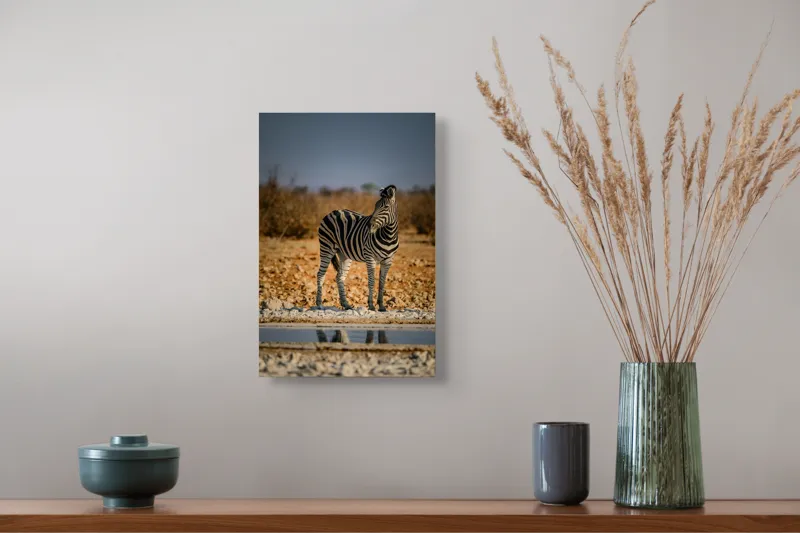 Tablou Canvas, "Zebra singuratică în savană africană", Zebră, Dungată, Savana, Apus, Solitară, Peisaj, Reflecție, Calmă., 26 x 39 cm – poza 5
