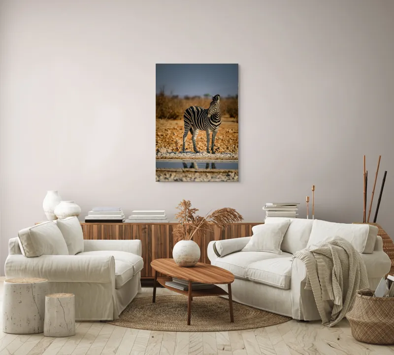 Tablou Canvas, "Zebra singuratică în savană africană", Zebră, Dungată, Savana, Apus, Solitară, Peisaj, Reflecție, Calmă., 70 x 100 cm – poza 4