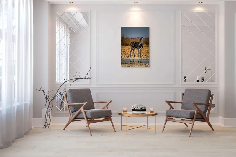 Tablou Canvas, "Zebra singuratică în savană africană", Zebră, Dungată, Savana, Apus, Solitară, Peisaj, Reflecție, Calmă., 70 x 100 cm – poza 8