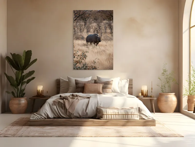 Tablou Canvas, "Rinocerul solitar în savană toamna", Rinocer, Savana, Vegetație, Tufisuri, Cer, Natură, Sălbăticie, Solitudine, Pământiu, Calm, Peisaj, Serenitate, 100 x 150 cm – poza 3