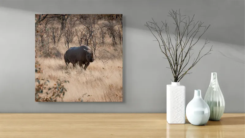 Tablou Canvas, "Rinocerul solitar în savană toamna", Rinocer, Savana, Vegetație, Tufisuri, Cer, Natură, Sălbăticie, Solitudine, Pământiu, Calm, Peisaj, Serenitate, 50 x 50 cm – poza 3