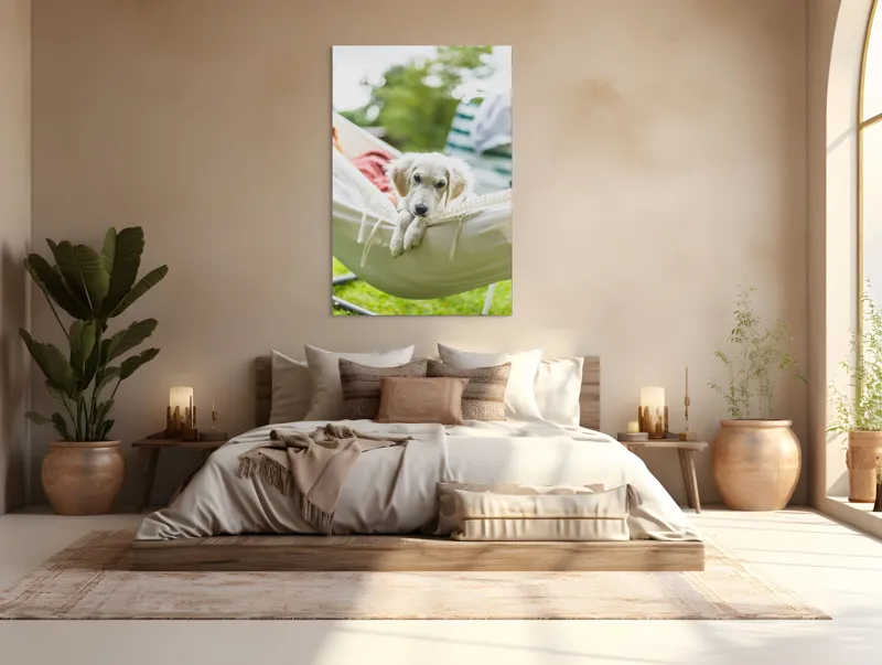 Tablou Canvas, "Cățelușul visător în hamac alb", Neștiință, Relaxare, Cățeluș, Hamac, Natură, Blândețe, Liniște, 100 x 150 cm – poza 3