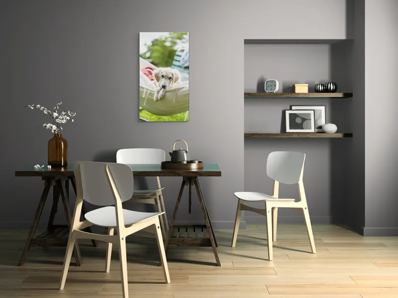 Tablou Canvas, "Cățelușul visător în hamac alb", Neștiință, Relaxare, Cățeluș, Hamac, Natură, Blândețe, Liniște, 50 x 90 cm – poza 4