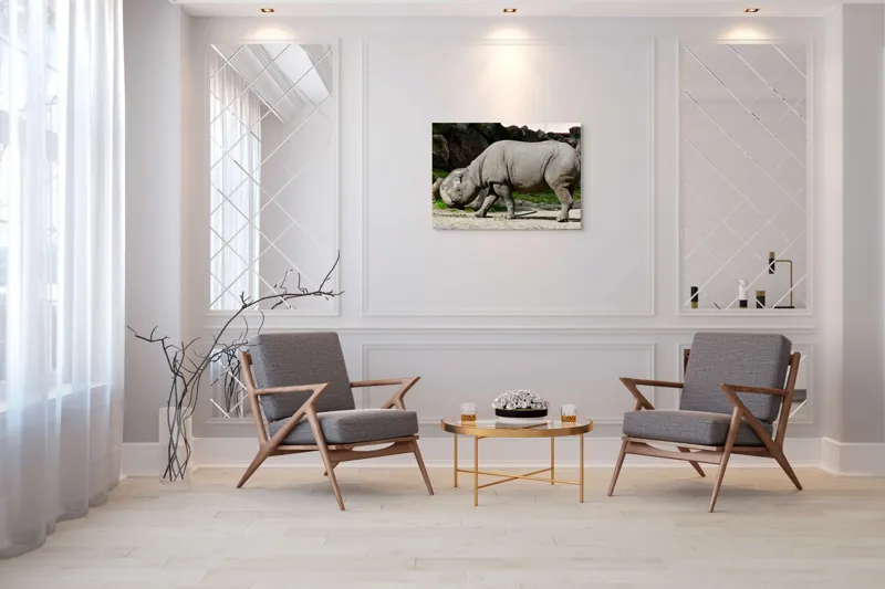 Tablou Canvas, "Rinocerul în habitatul său natural", Rhino, Piatra, Copaci, Umbre, Texturi, Nisip, Verdeață, Lumina, 100 x 70 cm – poza 5